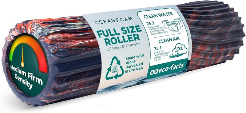 Oceanfoam Tidal Roller - Red, Dark Navy & Natural Marbled - Muscle Massage Foam Roller for Back Pain & Stretching - Firm & Ergonomic Wide Wave Textured - Yoga, Athletics, Wellness - Full Size 20" x 5" - Image 1